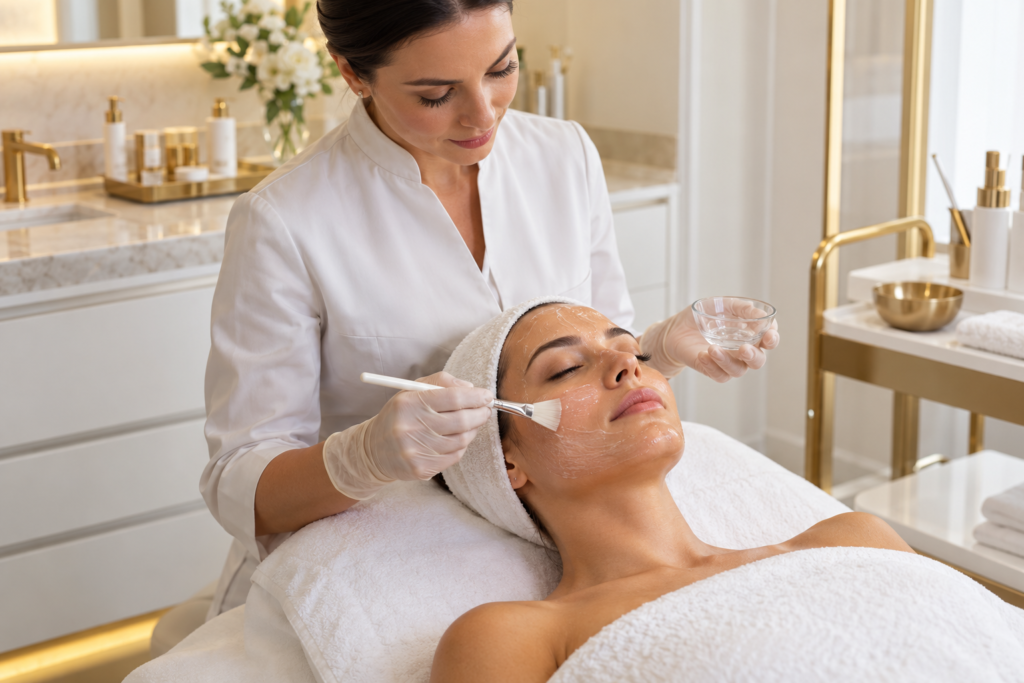 Peeling facial realizado por profissional em clínica de estética