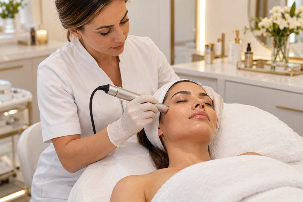Microagulhamento facial realizado por profissional em clínica de estética