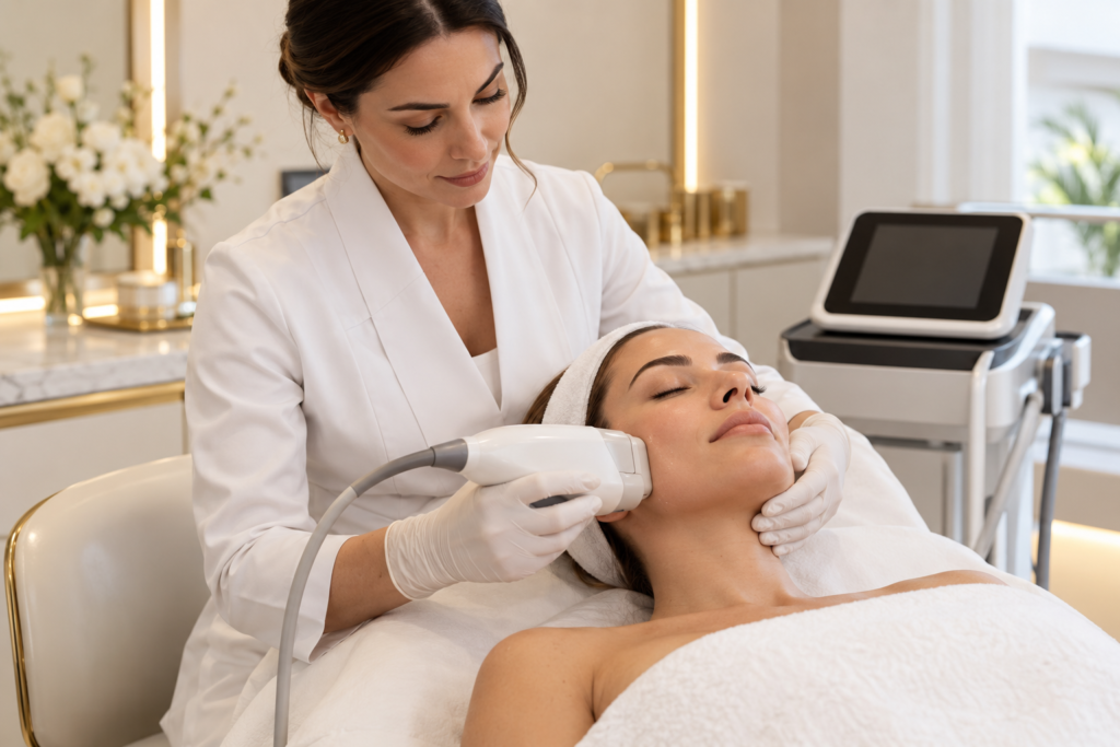 Ultrassom microfocado facial realizado em clínica de estética