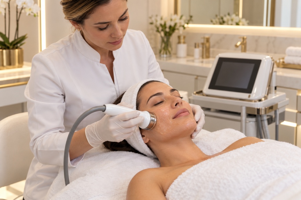 Radiofrequência facial realizada por profissional em clínica de estética